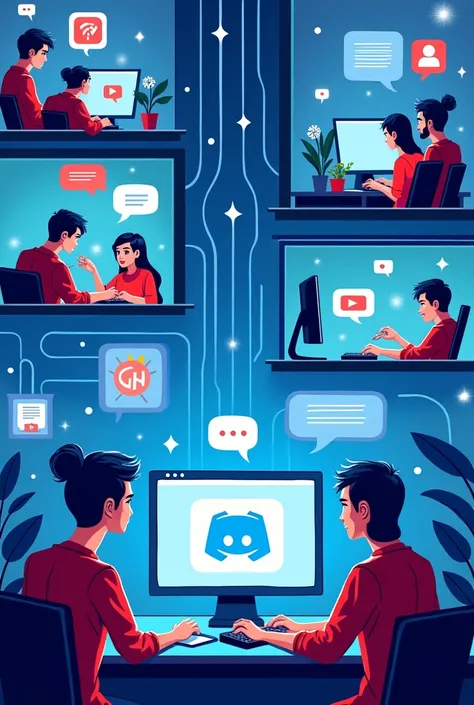 Internet concept background, Use light blue colors with red and black details, message elements ((gaming e conversas)) between friends, open the computer with the Discord symbol, conversas e gaming, Many friends chatting from afar via speech bubbles
In the...