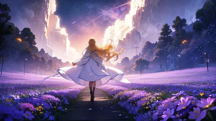 １people々々々々,Blonde long-haired woman，White long coat， Dress Silhouette， Rear View，Space Sky, Flower Field，Colorful flowers，Fluttering petals，