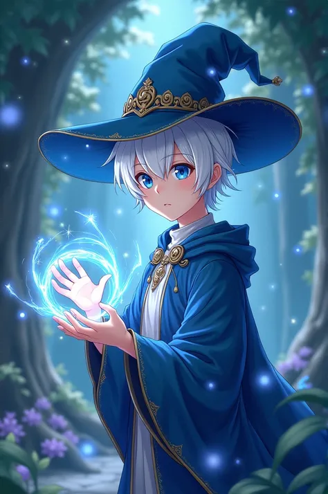 Male, Anime, 18-year old, Short white-hair, Faired skin, Blue eyes, Blue mage hat and robes