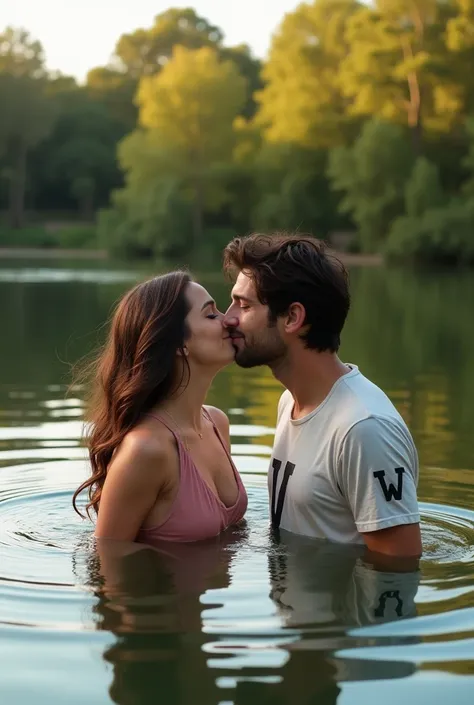 A woman and a man facing the camera, kissing in a lake, each wearing a shirt with the initials V and W.
Vicky is white.