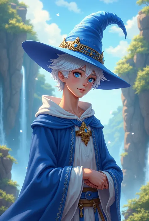 Male, Anime, 18-year old, Short white-hair, Faired skin, Blue eyes, Blue mage hat and robes