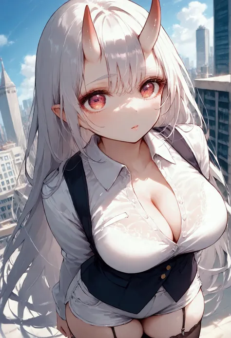 score_9, score_8_up, score_7_up, source_anime, (masterpiece), best quality, expressive eyes, perfect eyes, perfect face, oni girl, oni horns, red eyes, soft lips, long hair, very long hair, wide hips, (white hair:1.2), (white eyebrows:1), (white eyelashes:...