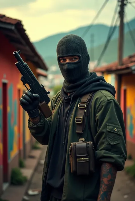 Masked man in the favela holding a gun