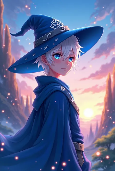 Male, Anime, 18-year old, Short white-hair, Faired skin, Blue eyes, Blue mage hat and robes