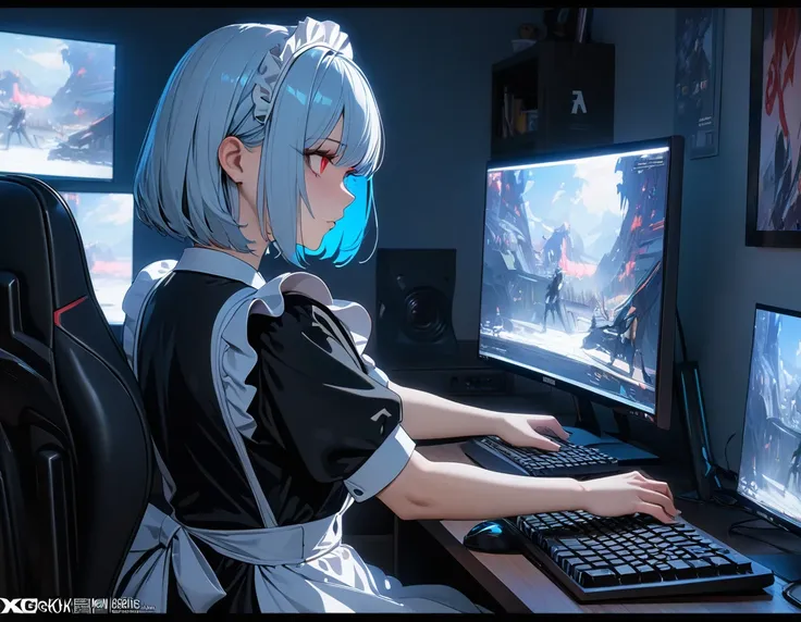 ((best quality)), ((masterpiece)), (detailed), perfect face, ((Best quality, 8k, Masterpiece: 1.3)), Sharp focus, Highly detailed face and skin texture, Detailed eyes, Maid apron, white brim, maid using a desktop computer, playing games on computer, FPS, C...