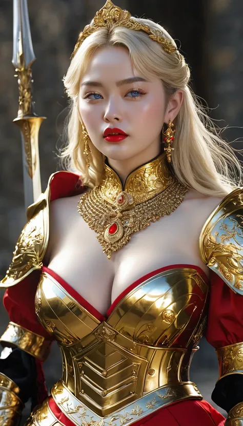 masterpiece,Highest quality,wonderful,(womanの騎士_woman:1),(Golden Armor:1.3), (35歳のwoman騎士:1.3),、Big and ample breasts,,Hyper Real,中世ヨーロッパの都市のbattlefieldにいる,Expressionless,、イギリス人woman、Delicate skin texture to the smallest detail 、(Detailed blue eyes)、(Chubb...