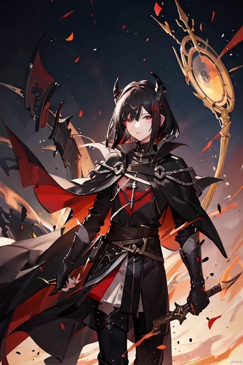 completely black eyes, 19 years old, mage, horns, black hair with red highlights, emotionless, pale skin, dark, medieval, chaos magic, dark magic, with cape, powerful, a girl with a cute boy appearance ,girl, mens clothing, hair boy, appearance of man and ...