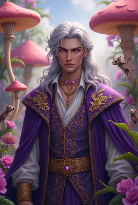 Handsome Prince with gray hair and purple eyes in Wonderland