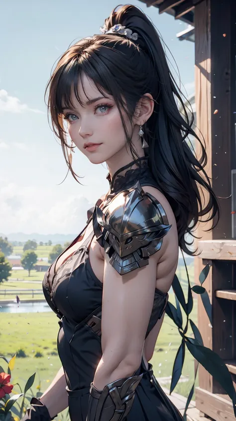 Ayaka, Solemn knight with ponytail, Gray Hair, Standing in the middle of a field background, Adding a touch of knight armor(0.7) To her charm. She has medium sized breasts and a charming smile with a hair accessory