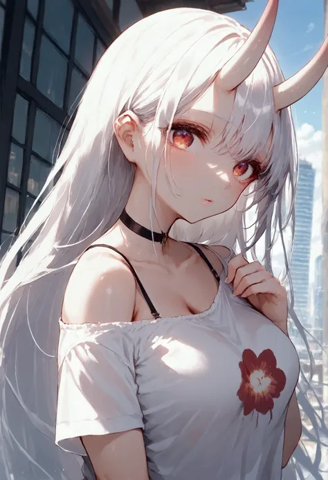 score_9, score_8_up, score_7_up, source_anime, (masterpiece), best quality, expressive eyes, perfect eyes, perfect face, oni girl, oni horns, red eyes, soft lips, long hair, very long hair, wide hips, (white hair:1.2), (white eyebrows:1), (white eyelashes:...