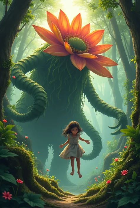 plant tentacle　Big Flower Monster　A girl is tangled in tentacle　A girl is suspended in the air　Half crying expression　Forest Background　Hand and foot quilt　tentacle在我的胯部徘徊　tentacle

