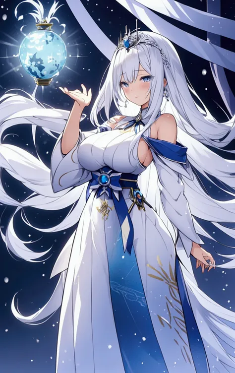 anime girl with long white hair and blue dress in the snow, white-haired god, white hair floating in the air, anime fantasy illu...