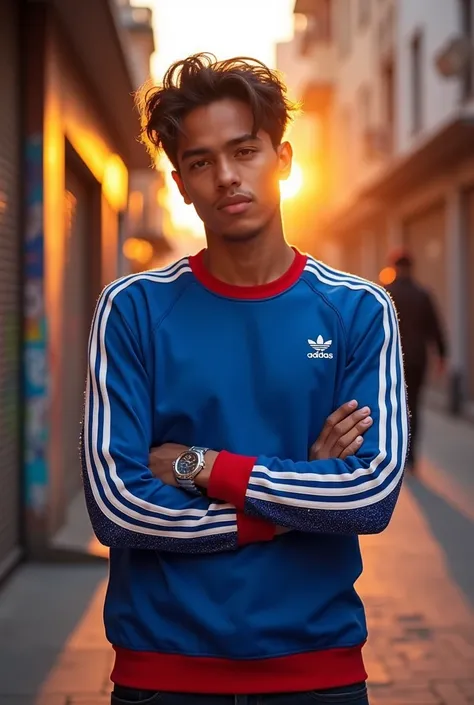 Make a blue and red Adidas sweatshirt, with shiny sleeves with glitter, with its iconic three white stripes 