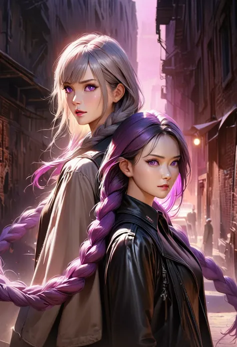 realistic cinematic spy thriller poster, a couple of spies back to back,  man and woman standing back-to-back looking at the viewer, yinji , purple hair,purple eyes,very long hair,grey hair,double braid,gradient hair,  high contrast lighting, dramatic shad...