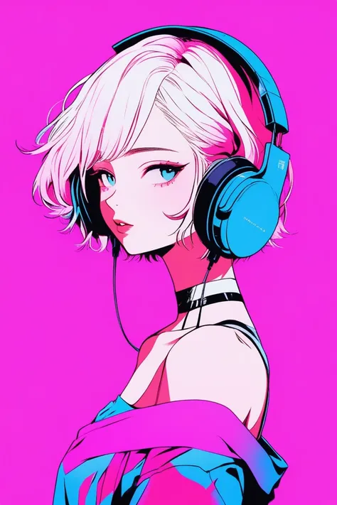 Illustrator, anime , Realistic ,sketch , 1 person, ,lip, Off-the-shoulder T-shirt, (((whole body))), order, Blue and pink gradient background, Neon Short Hair,Wear headphones, Texture Trim, Canadian, (masterpiece,Highest quality) 