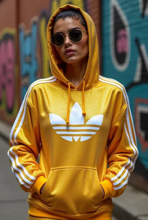 Make a golden adidas sweatshirt, with shiny sleeves with glitter, with its iconic three white stripes 