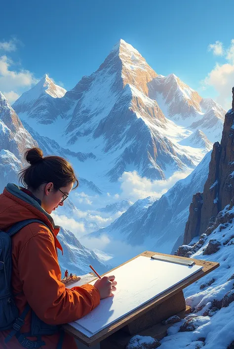 artist drawing Mount Everest and the paper turning into reality