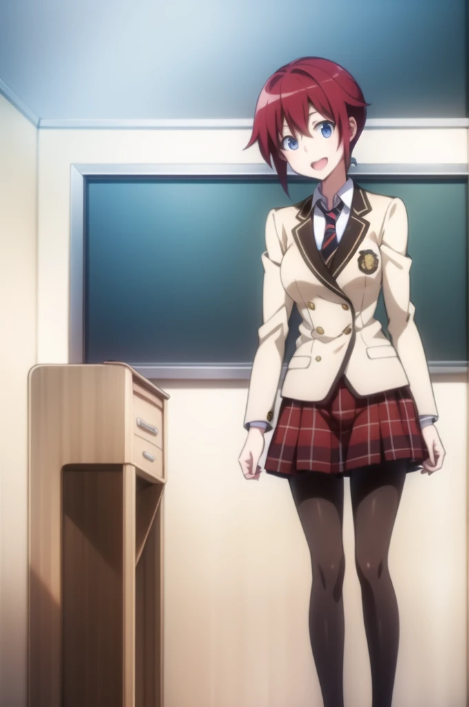 Highest quality, masterpiece, Very detailed,
Aoi Sakurai RW,
Open your mouth, A light smile,
blue eyes, Redhead, short hair, ミディアムshort hair,
school uniform, blazer, tie, Red Skirt, pantyhose,
Are standing, Looking at the audience,
classroom