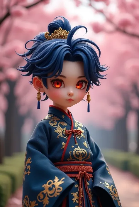 Male, 1 person, mini character illustration, hair color navy blue, eye color red, wearing a Chinese dress.