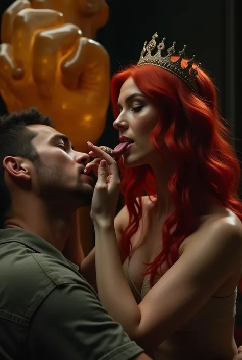 A woman with red hair, wearing a crown, is sitting on a mans lap. She is licking a penis with her tongue, while the man with the penis is off-camera. The scene is set in a dark room, with a focus on the womans face, and the background has a giant amber sta...