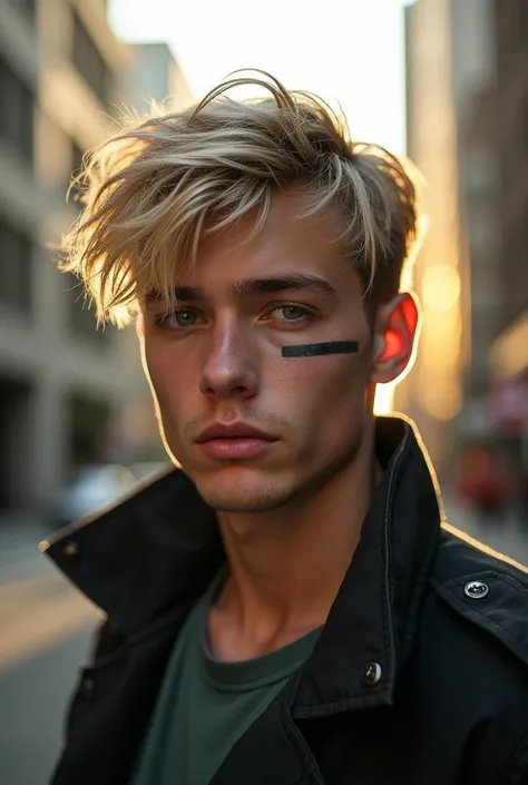 a 20-year-old young man with blond hair, blue eyes and a horizontal scar on his right eye from his forehead to his cheek in the shape of a slit