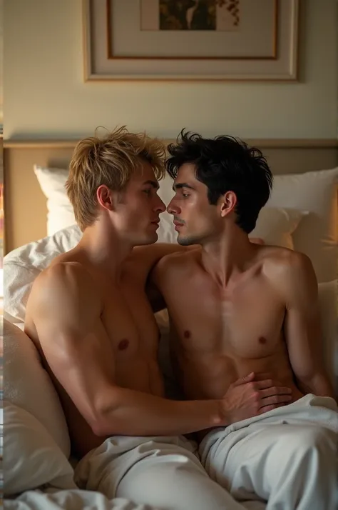 A two gus looking each other, facing each other touching, with muscular body, first have a blond hair 24 years old and second have a black hair, taller 26 years old, touching each other at the bed, laying down on the bed in the room.