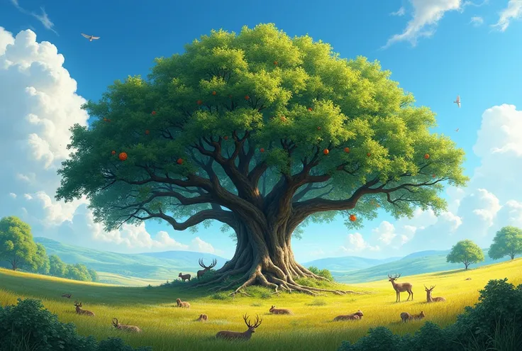 A tree in the midst of the earth, whose height is great. This tree grew and became strong, so that its height reached the sky, it can be seen from the ends of the earth. Your foliage is beautiful. Your abundant fruit. Under it, the field animals find shade...