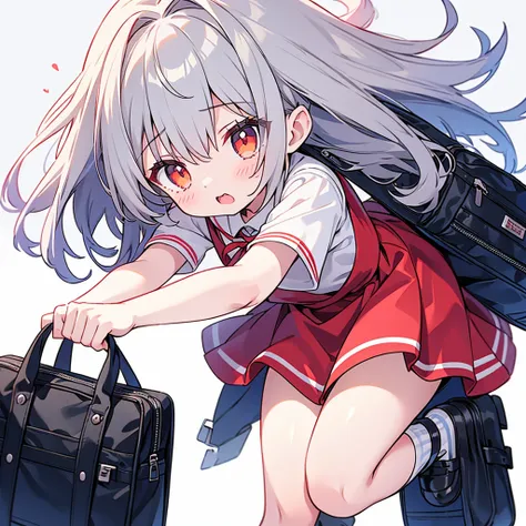 1girl,Little、cute、Primary school students、Red short-sleeved dress、Gray Hair、Red School Bag、Skipping、Facing sideways towards the audience、Yellow simple background、Gray Hair強風でオールバックになっている髪、