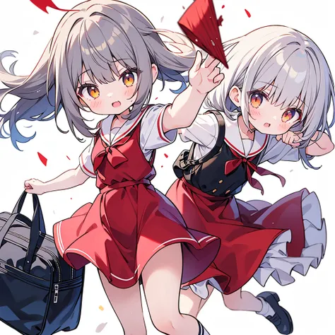 1girl,Little、cute、Primary school students、Red short-sleeved dress、Gray Hair、Red School Bag、Skipping、Facing sideways towards the audience、Yellow simple background、Gray Hair強風でオールバックになっている髪、