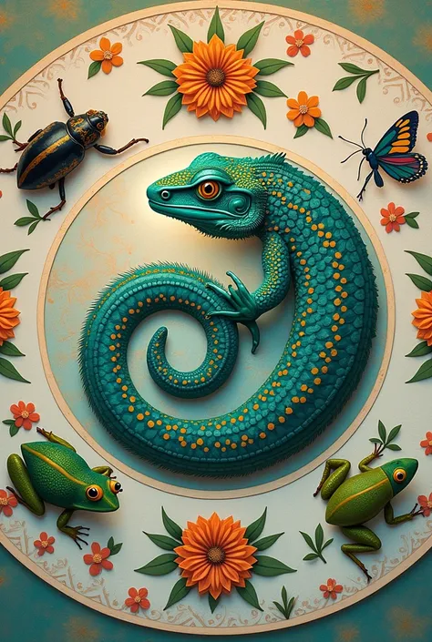 A mandala containing a lizard, A frog, a butterfly and a beetle in one piece 