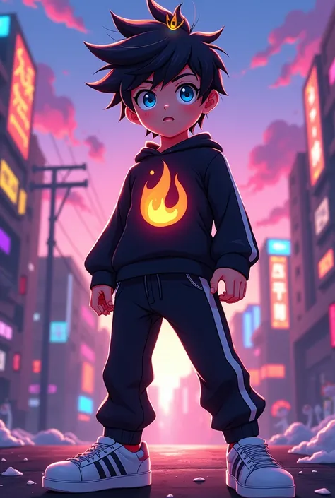 A young anime boy with a crown, blue eyes, a black sweater with a fire logo, black pants with white stripes on the sides, and white shoes. 