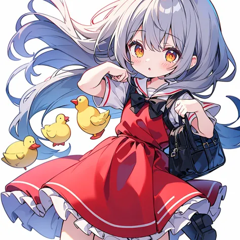 1girl,Little、cute、Primary school students、Red short-sleeved dress、Gray Hair、Red School Bag、Skipping、Facing sideways towards the audience、Yellow simple background、Hair blown back by strong wind、Rubber duck toy、