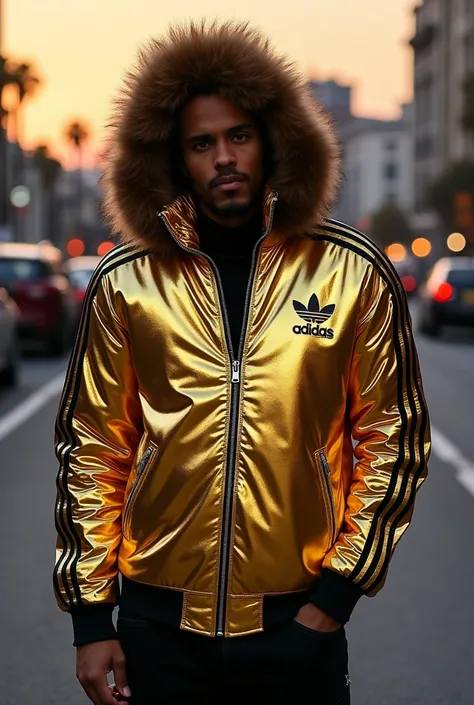 Make an Adidas jacket that is gold, and that the typical Adidas stripes of the sleeves, instead of being white they are leopard, besides those that the hood is fur, with a millionaire touch 