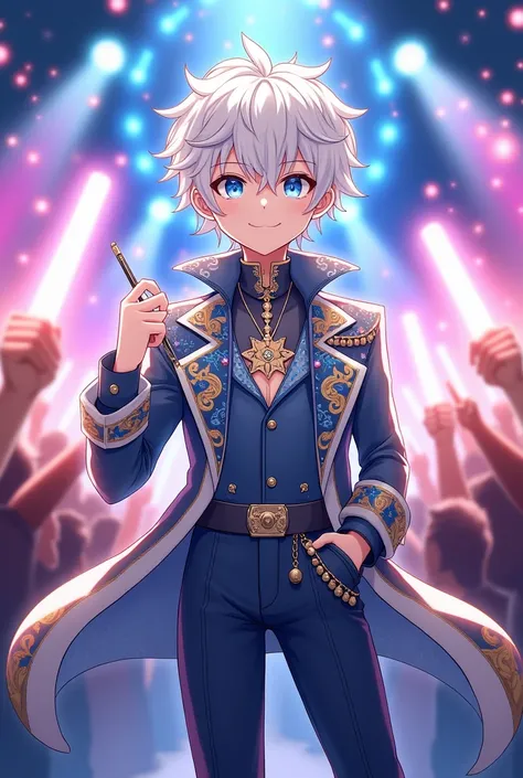 Male, 1 person, mini character, fluffy illustration, white hair, blue eyes, idol outfit