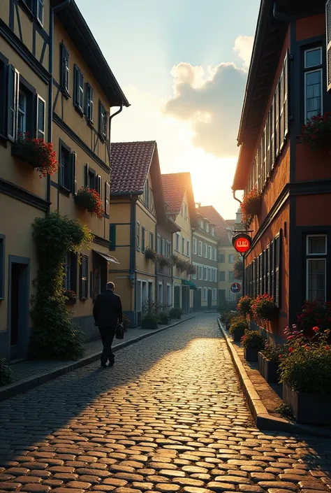 Quiet German city with a shadow appearing, thus signifying the arrival of Nazism
