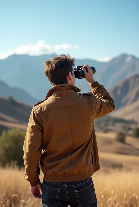 a guy looking towards the back with a brown jacket, and some black binoculars, jeans negros

