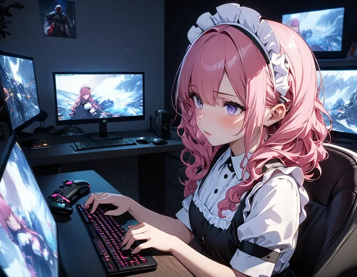 ((best quality)), ((masterpiece)), (detailed), perfect face, ((Best quality, 8k, Masterpiece: 1.3)), Sharp focus, Highly detailed face and skin texture, Detailed eyes, Maid apron, white brim, maid using a desktop computer, playing games on computer, FPS, C...