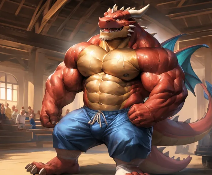 human nature, cannon, male, solitary, ((the strong，Handsome)), (dragon), Chibo，Six-pack abs，(indoor)，Feet facing the audience，Dirty white socks，Blue shorts，Sweat:1.3，high quality, (4K,high quality, high resolution, masterpiece), cartoon,by lindong