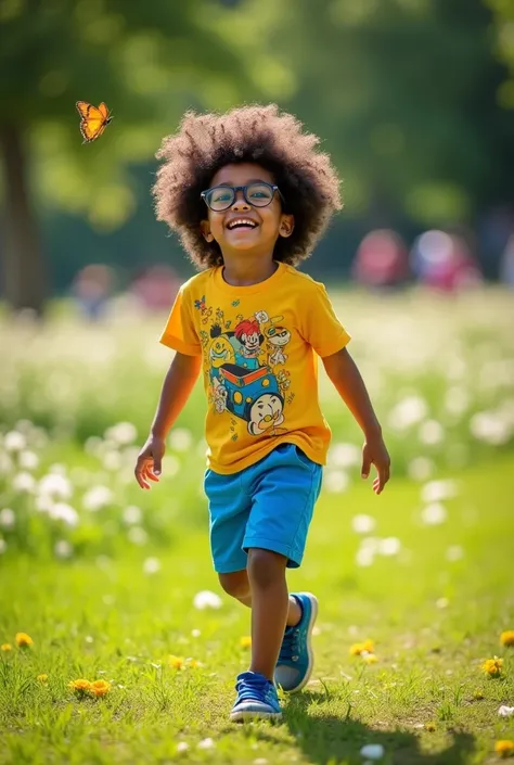 A young boy, with black curly hair, wear glasses, wearing shorts and a short-sleeved t-shirt and tall