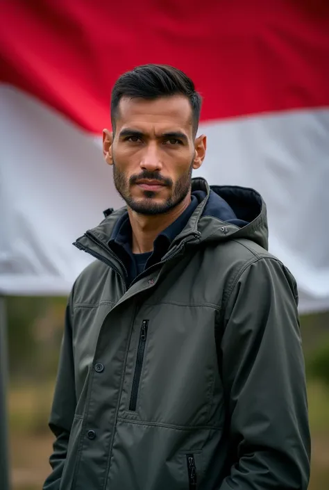 masculine jewish man, thin facial hair, full weight body, black hair, short neck, stand straight front pose, half body portrait, outdoor outfit jacket, in front of Indonesia flag