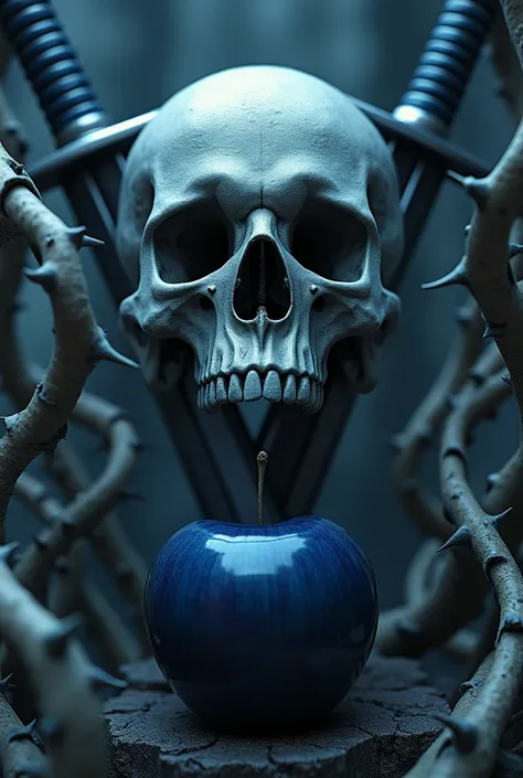 Create a 3D image of a skull biting into a dark blue apple, with two swords behind the skull. in the background full of large white thorns, intertwined with the skull, em uma floresta escura. a dark and shadowy background. on the edge of the image thorny v...