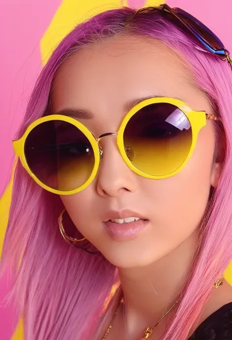 yae miko wearing trendy yellow sunglasses, yellow background, pink hair, purple eyes