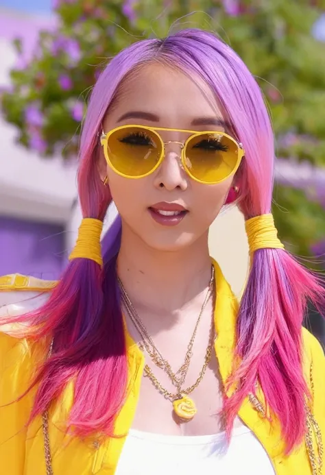 yae miko wearing trendy yellow sunglasses, yellow background, pink hair, purple eyes