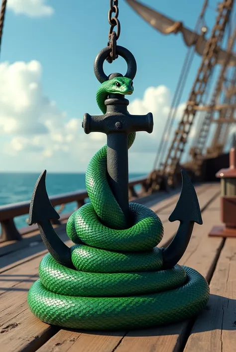 A realistic viper coiled around a black anchor 