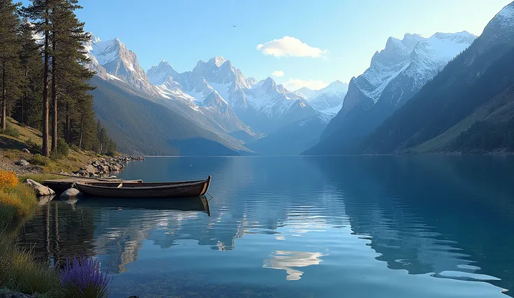 "Create a breathtaking image of a secluded, crystal-clear mountain lake nestled high in the rugged terrain of the Andes. The lake’s surface is so still that it perfectly mirrors the towering snow-capped peaks that surround it, reflecting the brilliant blue...