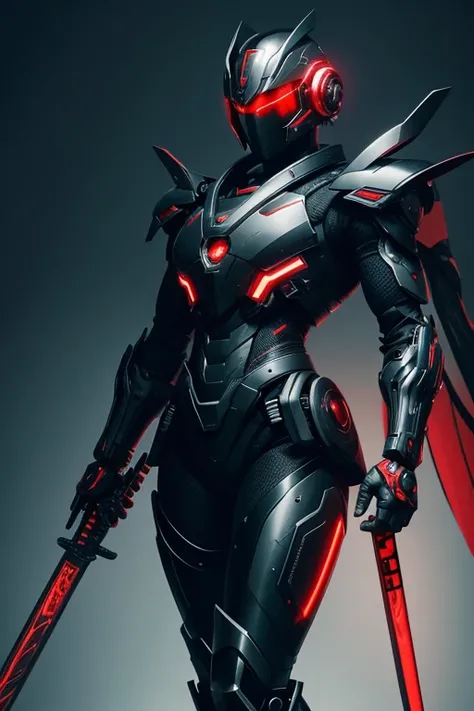 A futuristic cyborg,with a black body and red details,super powerful armor style carries a katana at its waist with technological wings and a futuristic helmet,