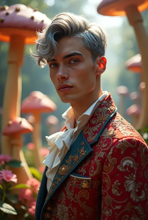 20-year-old Prince, short hair, Italian features, gray hair and purple eyes in Wonderland