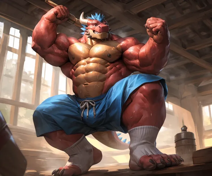 human nature, cannon, male, solitary, ((the strong，Handsome)), (dragon), Chibo，Six-pack abs，(indoor)，Feet facing the audience，Dirty white socks，Blue shorts，Sweat:1.3，high quality, (4K,high quality, high resolution, masterpiece), cartoon,by lindong