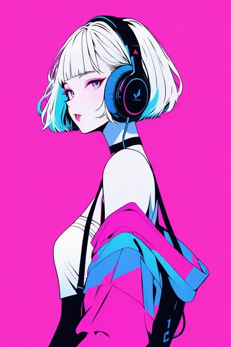 Illustrator, anime , Realistic ,sketch , 1 person, ,lip, Off-the-shoulder T-shirt, (((whole body))), order, Blue and pink gradient background, Neon Short Hair,Wear headphones, look back, Texture Trim, Canadian, (masterpiece,Highest quality)