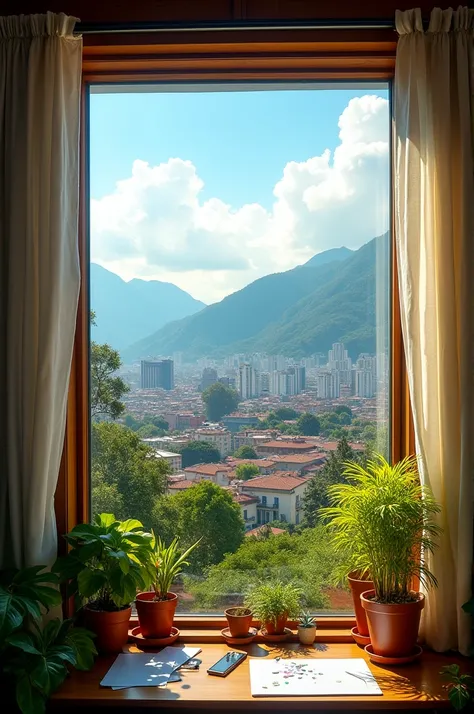 Create a square image where you can see the city of Bogotá viewed through a window. 